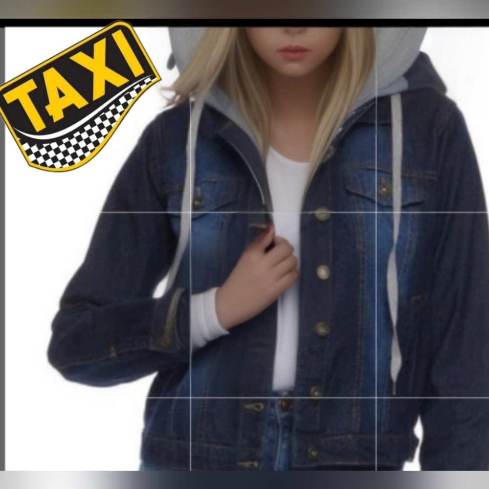 TAXI brand denim jacket with attached gray hoodie Designer Sz. L